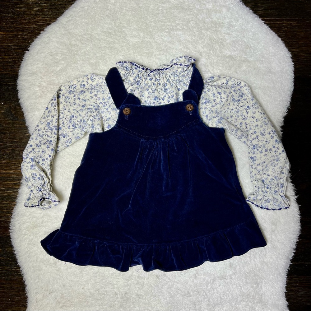Vintage Key to Fashion Coming Thing 2T Blue Velvet Pinafore Overall Dress